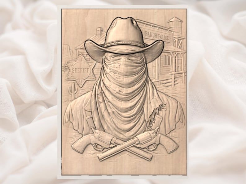 Masked Outlaw Sheriff with Crossed Revolvers Western Relief STL bas-relief STL — view 3