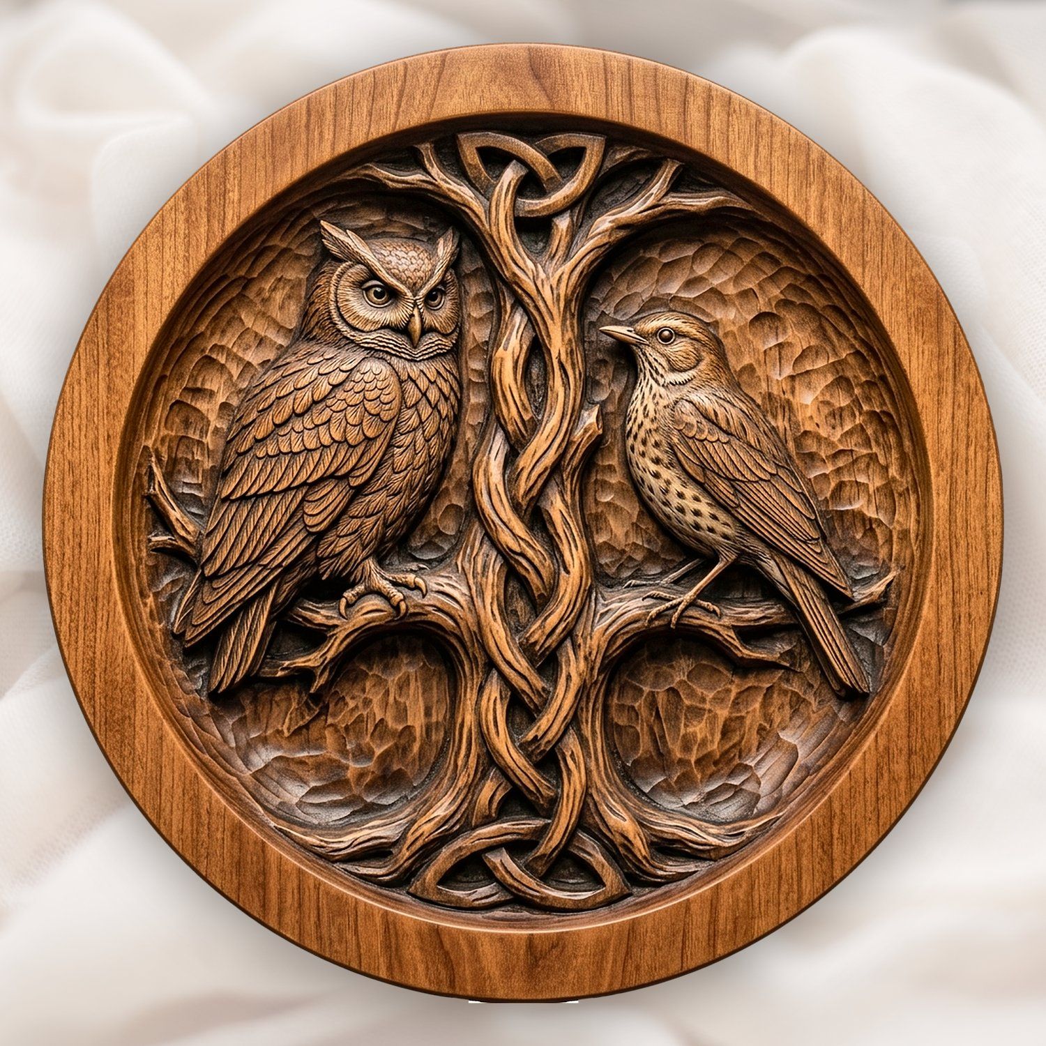 Owl and Songbird Celtic Tree Serving Platter CNC Relief STL bas-relief STL design