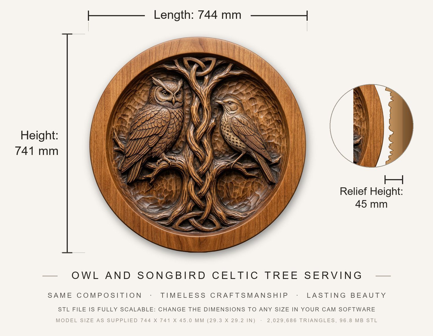 Owl and Songbird Celtic Tree Serving Platter CNC Relief STL bas-relief STL — view 3