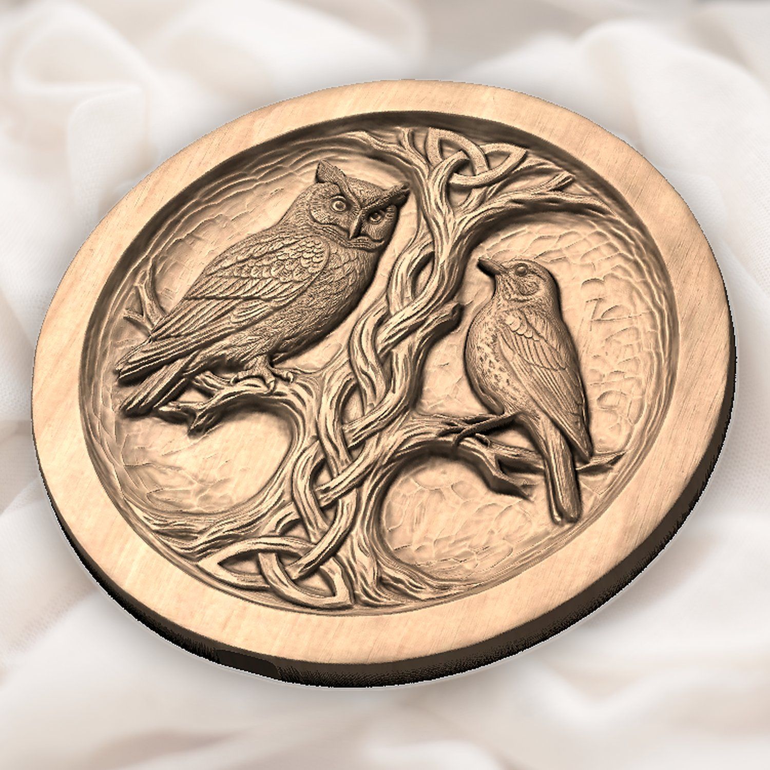 Owl and Songbird Celtic Tree Serving Platter CNC Relief STL bas-relief STL — view 5