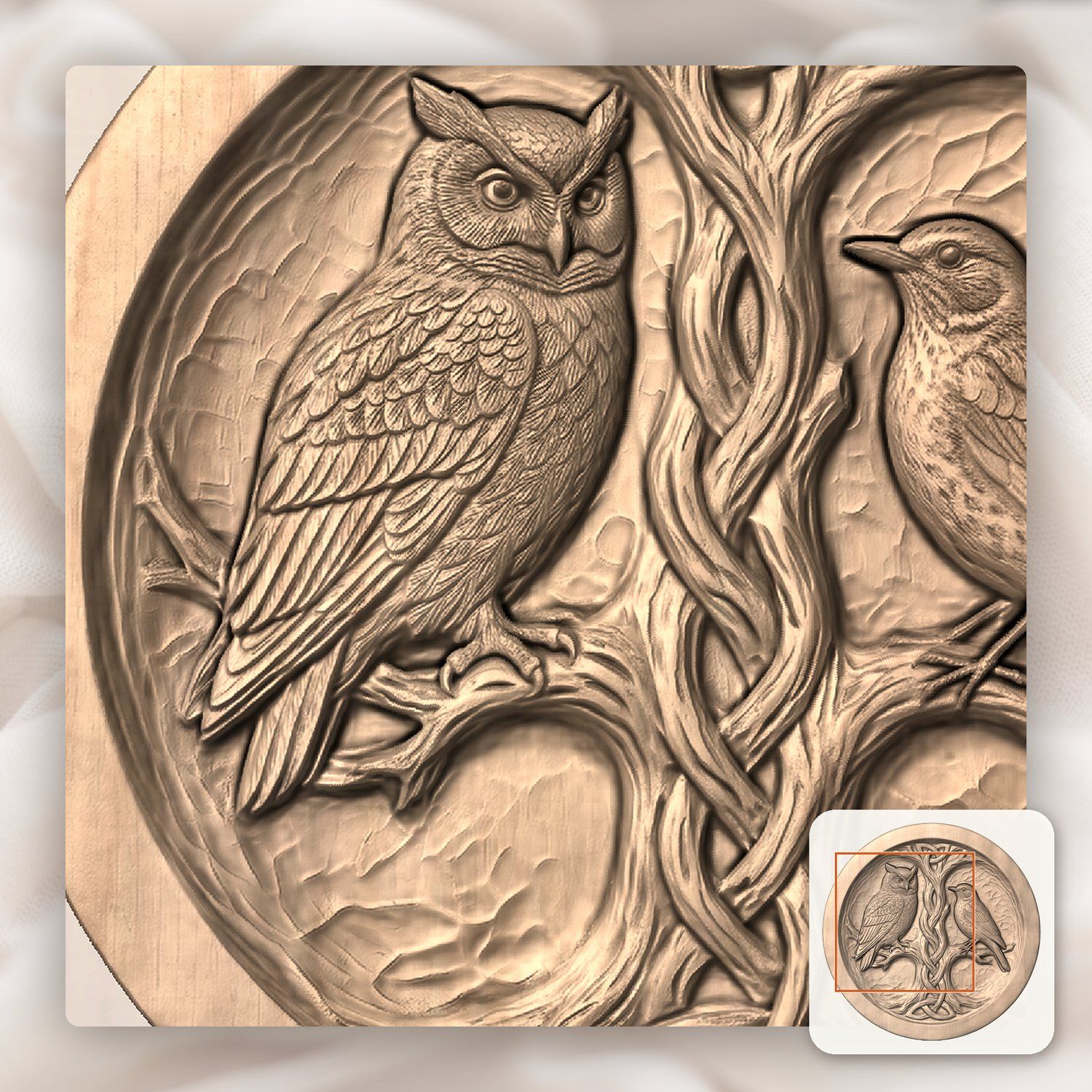 Owl and Songbird Celtic Tree Serving Platter CNC Relief STL bas-relief STL — view 6