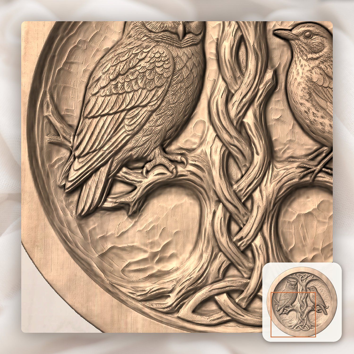 Owl and Songbird Celtic Tree Serving Platter CNC Relief STL bas-relief STL — view 7