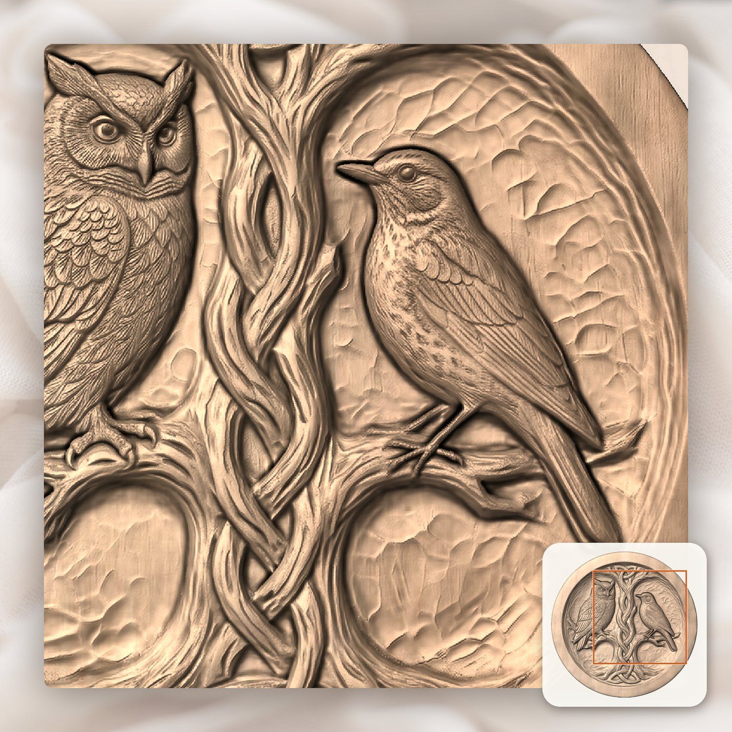 Owl and Songbird Celtic Tree Serving Platter CNC Relief STL bas-relief STL — view 8