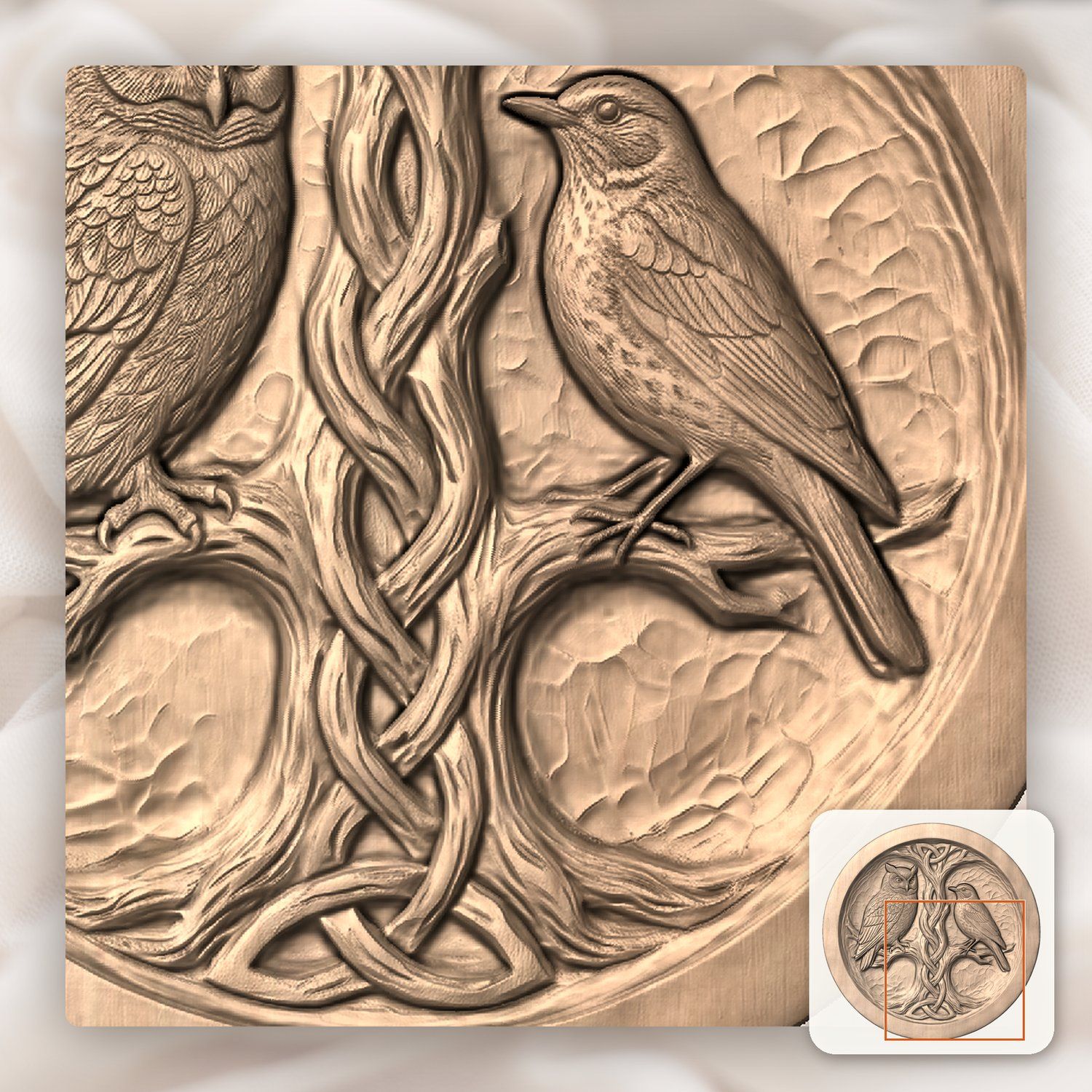 Owl and Songbird Celtic Tree Serving Platter CNC Relief STL bas-relief STL — view 9