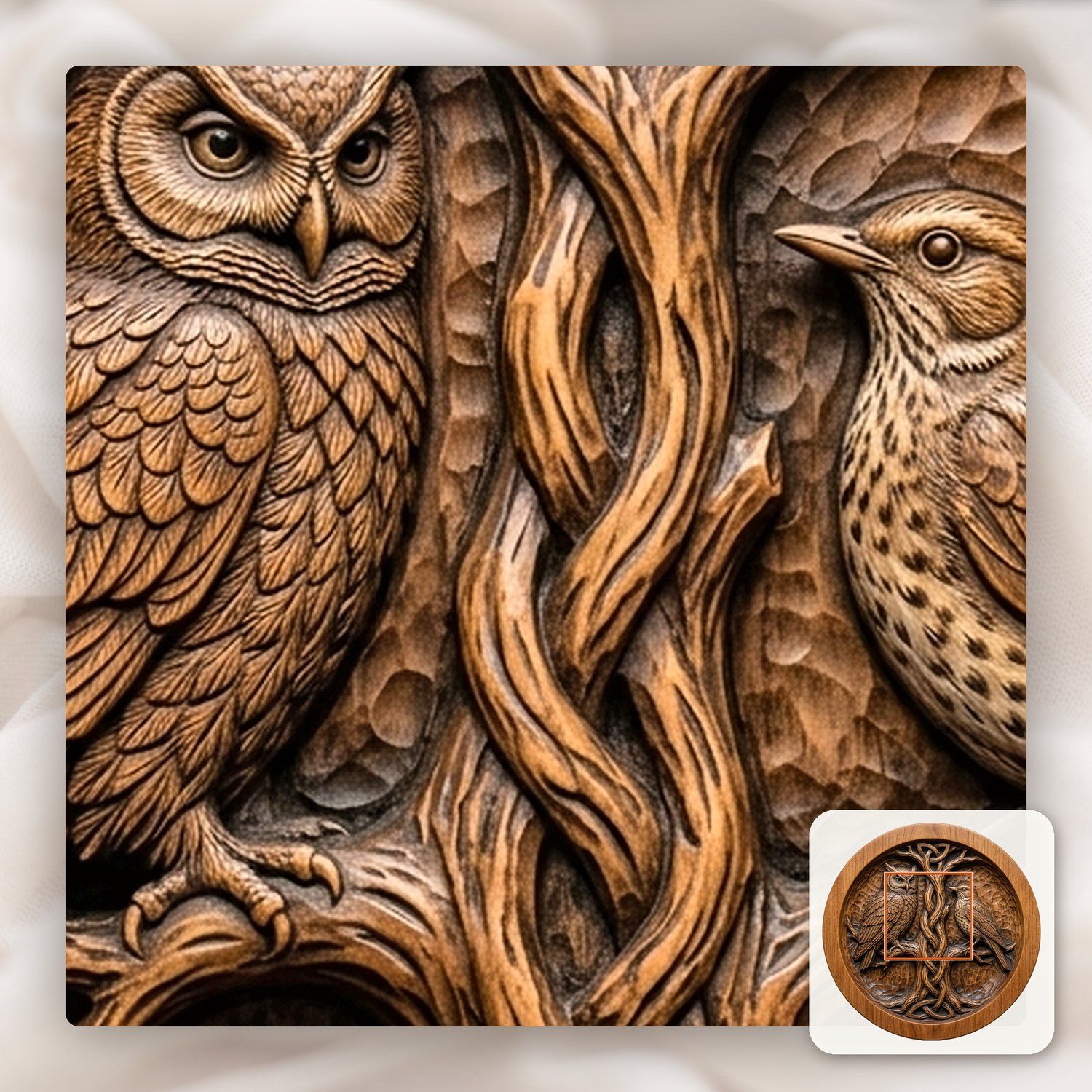 Owl and Songbird Celtic Tree Serving Platter CNC Relief STL bas-relief STL — view 10