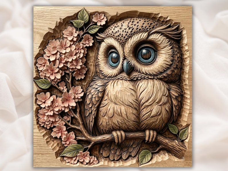 Bas-relief wood carving of a big-eyed owl perched on a branch with pink cherry blossoms and leaves.