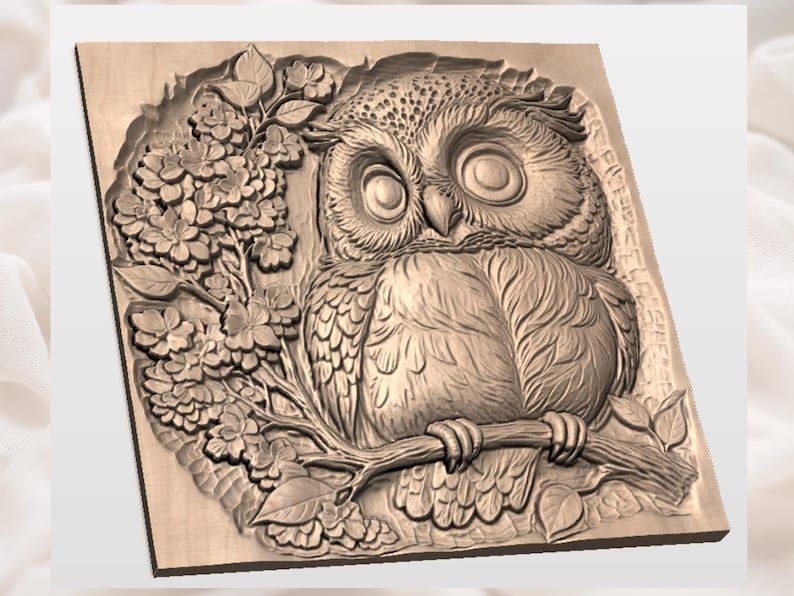 Wide-Eyed Owl on a Cherry Blossom Branch Relief STL bas-relief STL — view 2