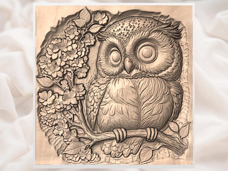 Wide-Eyed Owl on a Cherry Blossom Branch Relief STL bas-relief STL — view 3