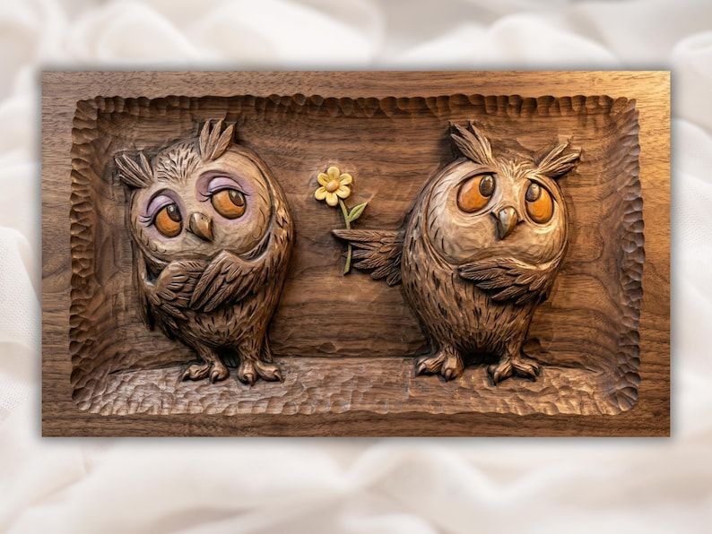Carved wood relief of two owls standing together, one holding a small daisy, on a recessed panel