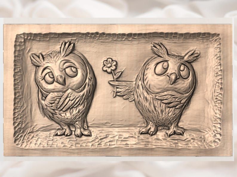 Two Owls Sharing a Flower 3D Relief STL Carving Panel bas-relief STL — view 2