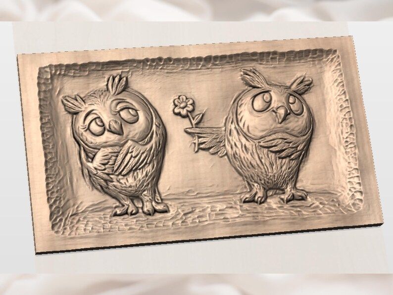 Two Owls Sharing a Flower 3D Relief STL Carving Panel bas-relief STL — view 3