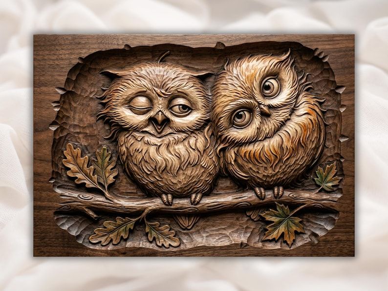 Carved wood bas-relief of two owls cuddling on a branch surrounded by oak and maple leaves