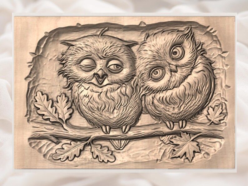 Cuddling Owl Couple on a Branch Bas-Relief STL bas-relief STL — view 2