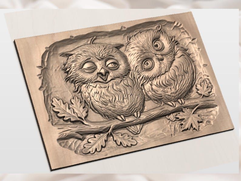 Cuddling Owl Couple on a Branch Bas-Relief STL bas-relief STL — view 3