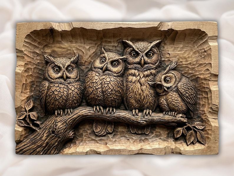 Bas-relief wood carving of four owls perched together on a tree branch with detailed feathers