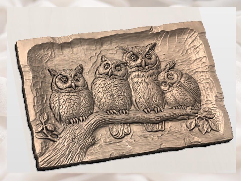 Owl Family on a Branch Bas-Relief STL for CNC Carving bas-relief STL — view 2