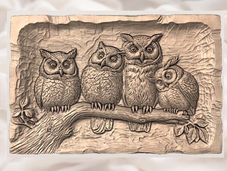 Owl Family on a Branch Bas-Relief STL for CNC Carving bas-relief STL — view 3