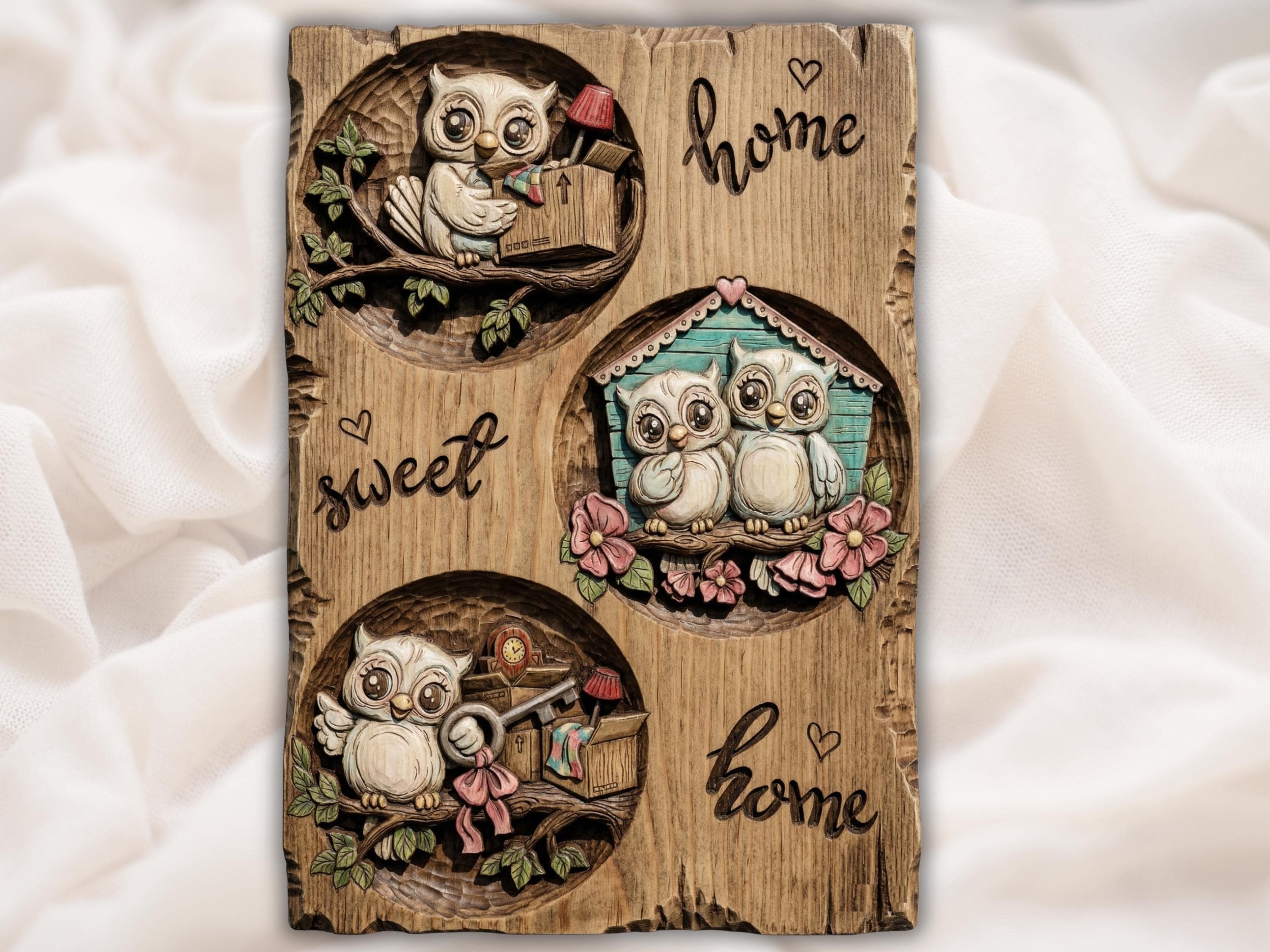 Carved wood relief of an owl family in a turquoise birdhouse with flowers and home sweet home lettering
