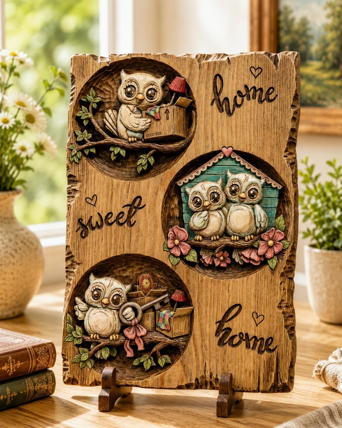 Home Sweet Home Owl Family Birdhouse Relief Panel bas-relief STL — view 2