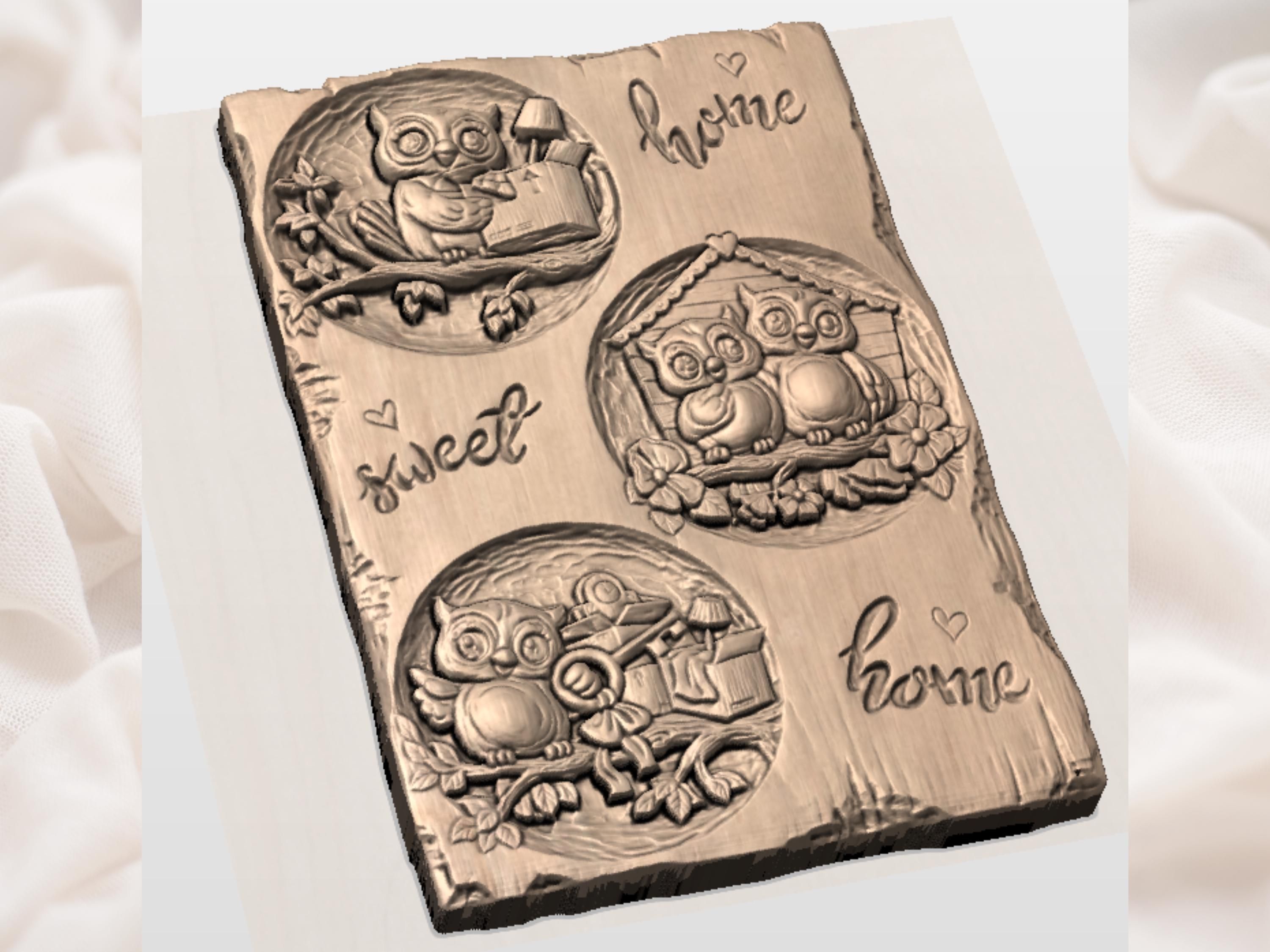 Home Sweet Home Owl Family Birdhouse Relief Panel bas-relief STL — view 3
