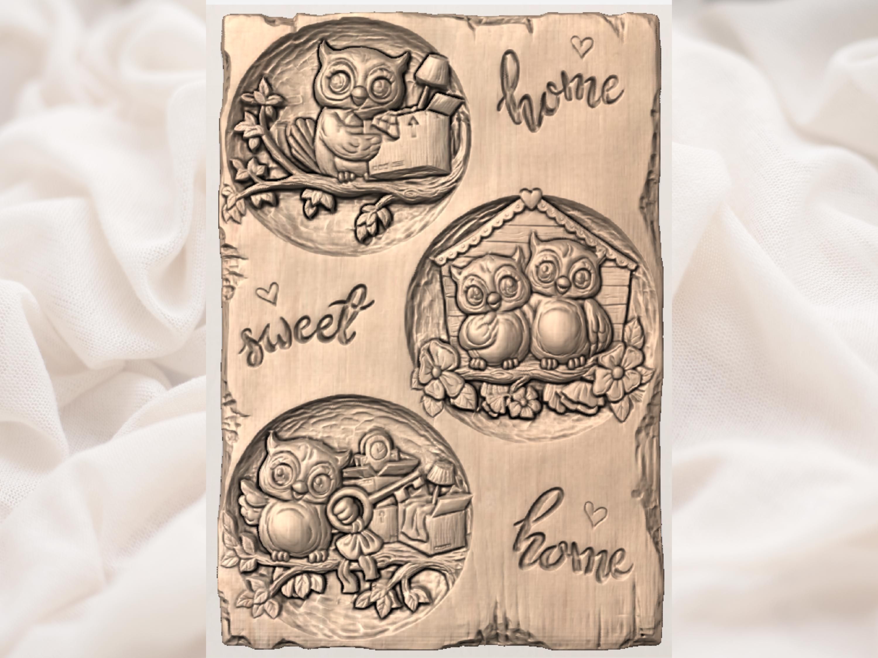 Home Sweet Home Owl Family Birdhouse Relief Panel bas-relief STL — view 4