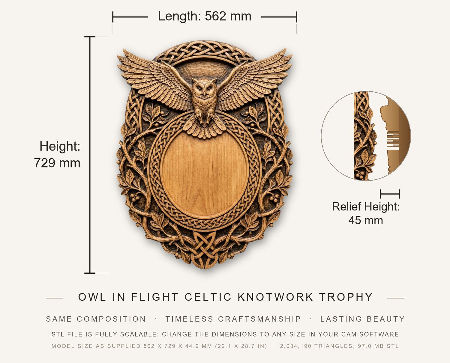 Owl In Flight Celtic Knotwork Trophy Shield CNC Relief STL bas-relief STL — view 3