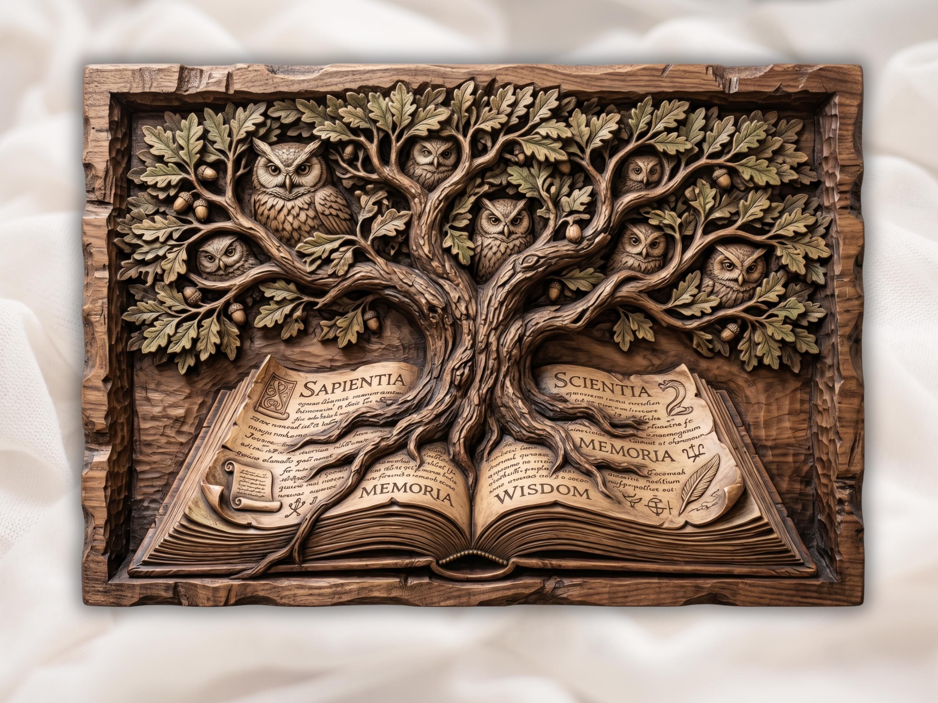 Carved bas-relief of an oak tree with two owls growing from an open book reading Wisdom, Memoria, Sapientia.