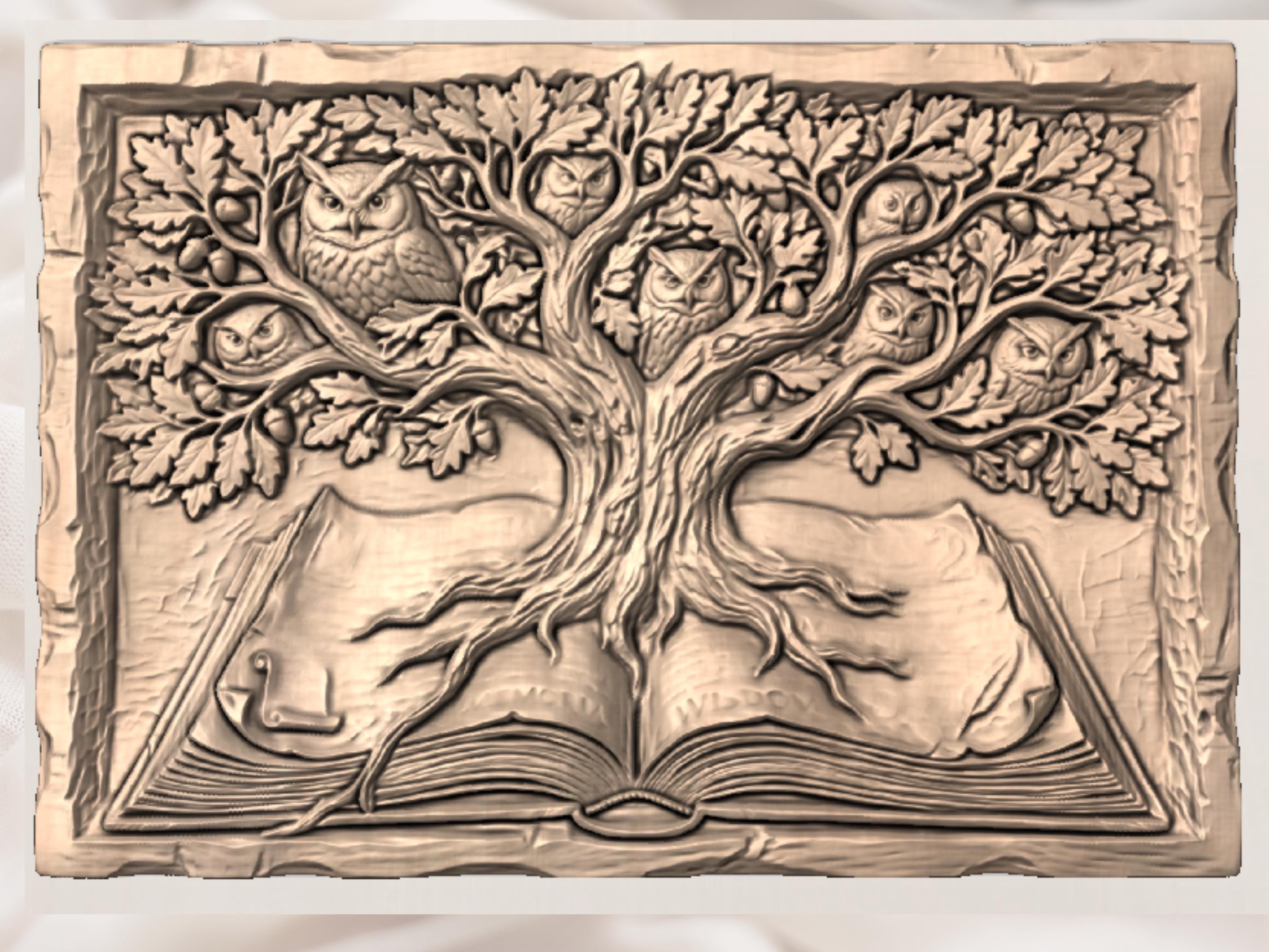 Owl Tree of Wisdom Open Book Bas-Relief Carving bas-relief STL — view 3