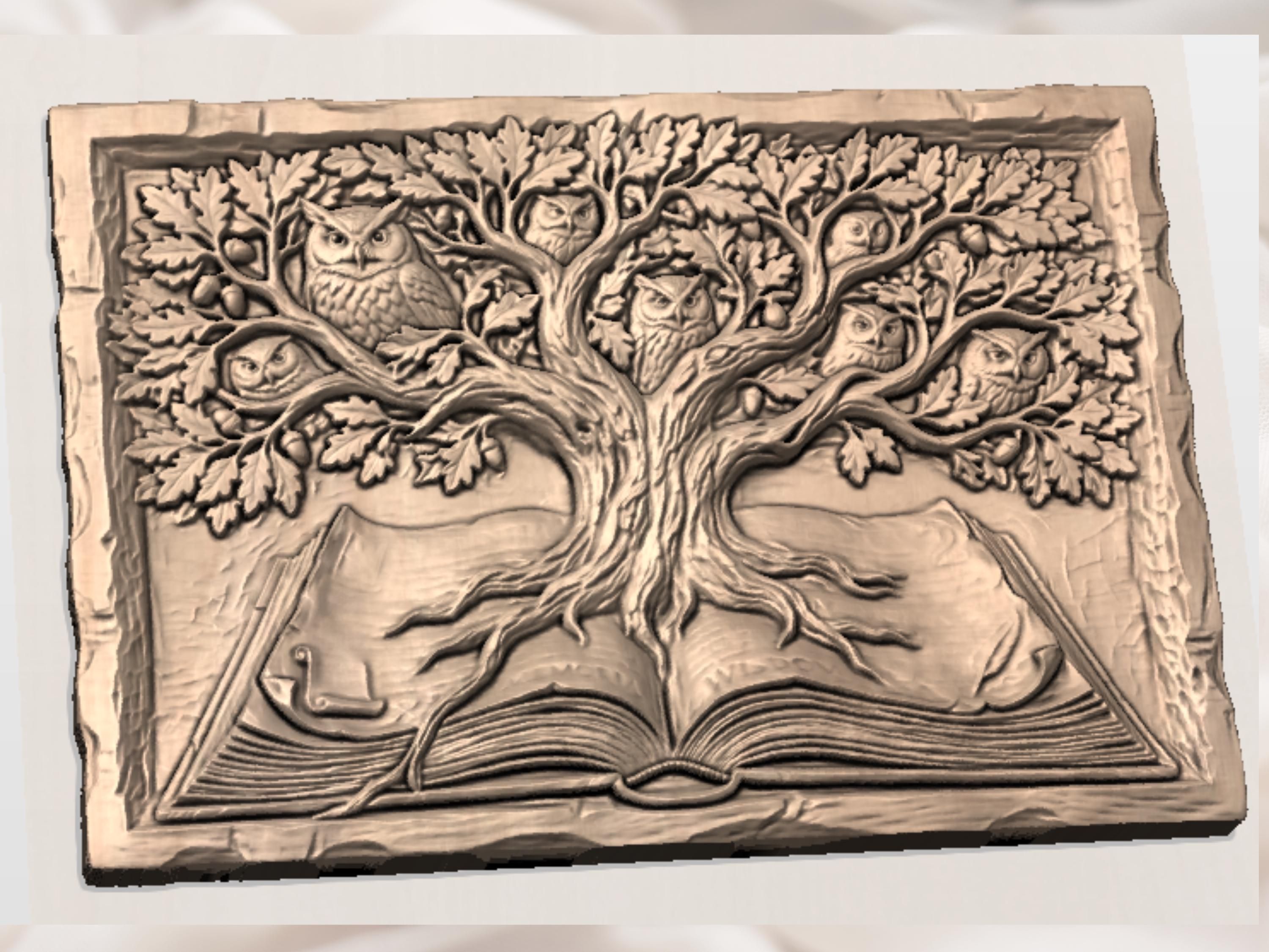 Owl Tree of Wisdom Open Book Bas-Relief Carving bas-relief STL — view 5