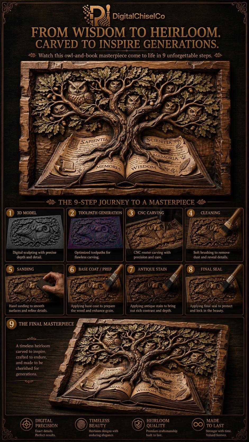 Owl Tree of Wisdom Open Book Bas-Relief Carving bas-relief STL — view 6