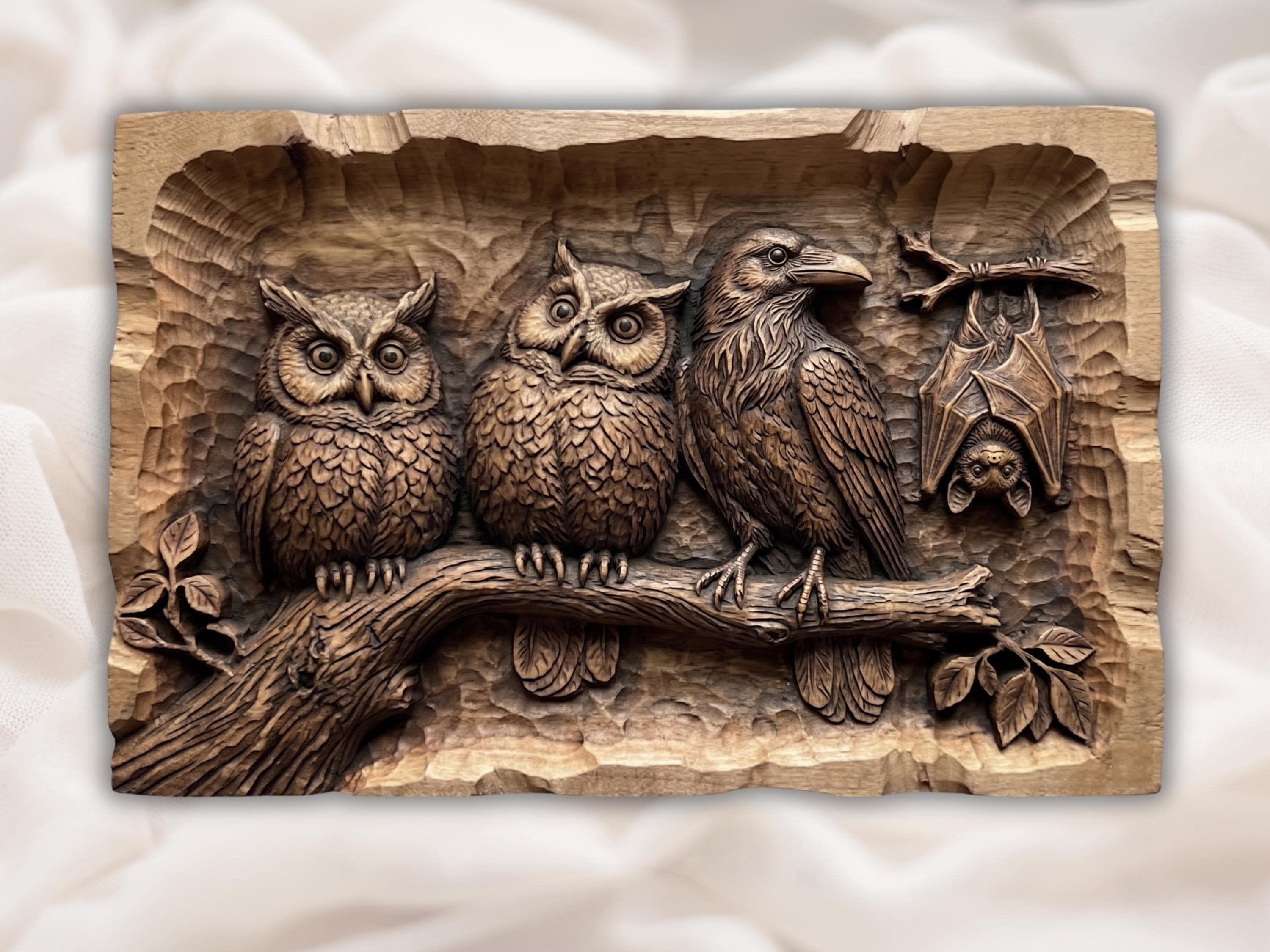 Bas-relief wood carving of two owls perched together on a branch with detailed feathers