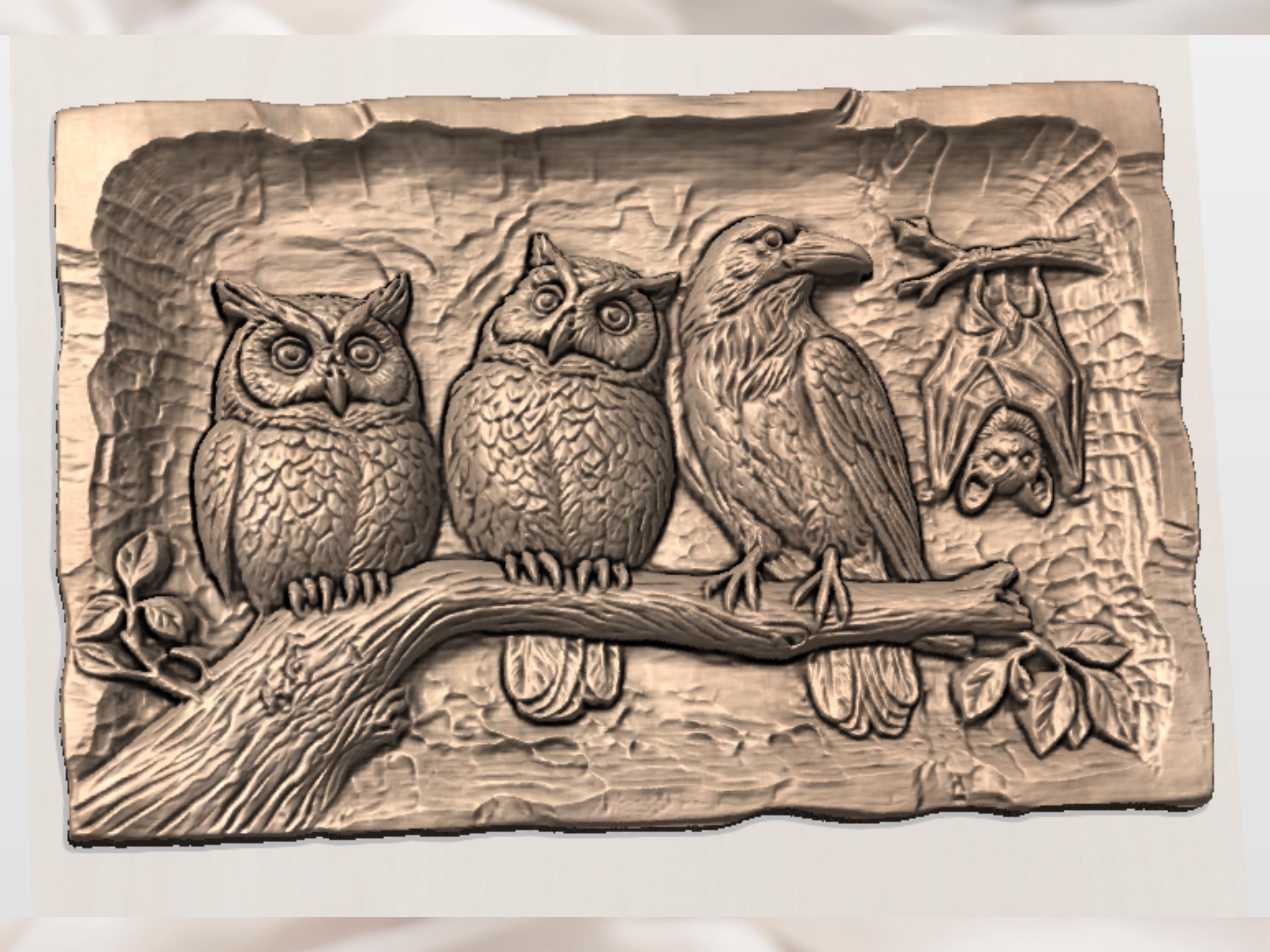 Two Perched Owls on a Forest Branch Relief STL bas-relief STL — view 2