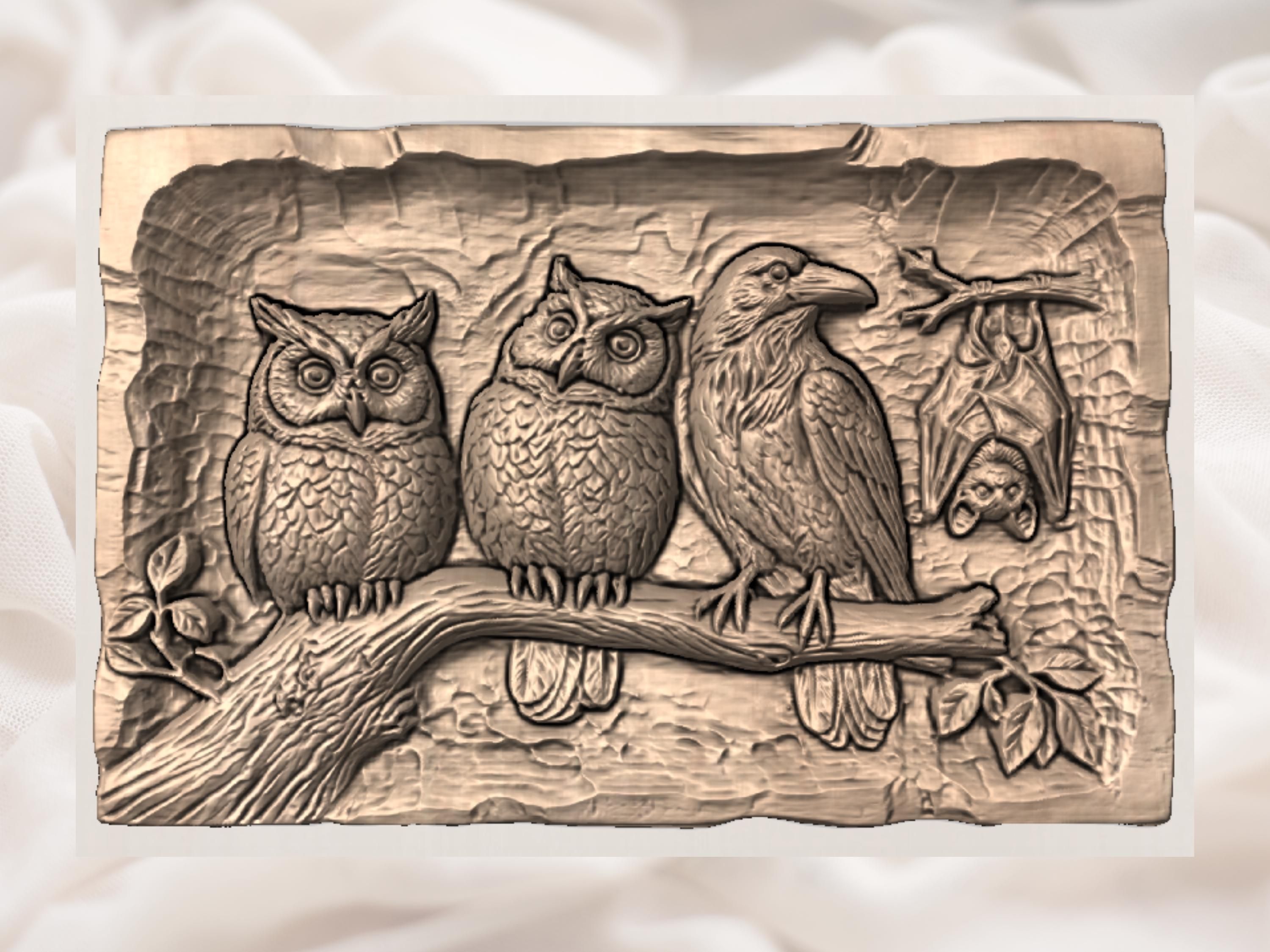 Two Perched Owls on a Forest Branch Relief STL bas-relief STL — view 3
