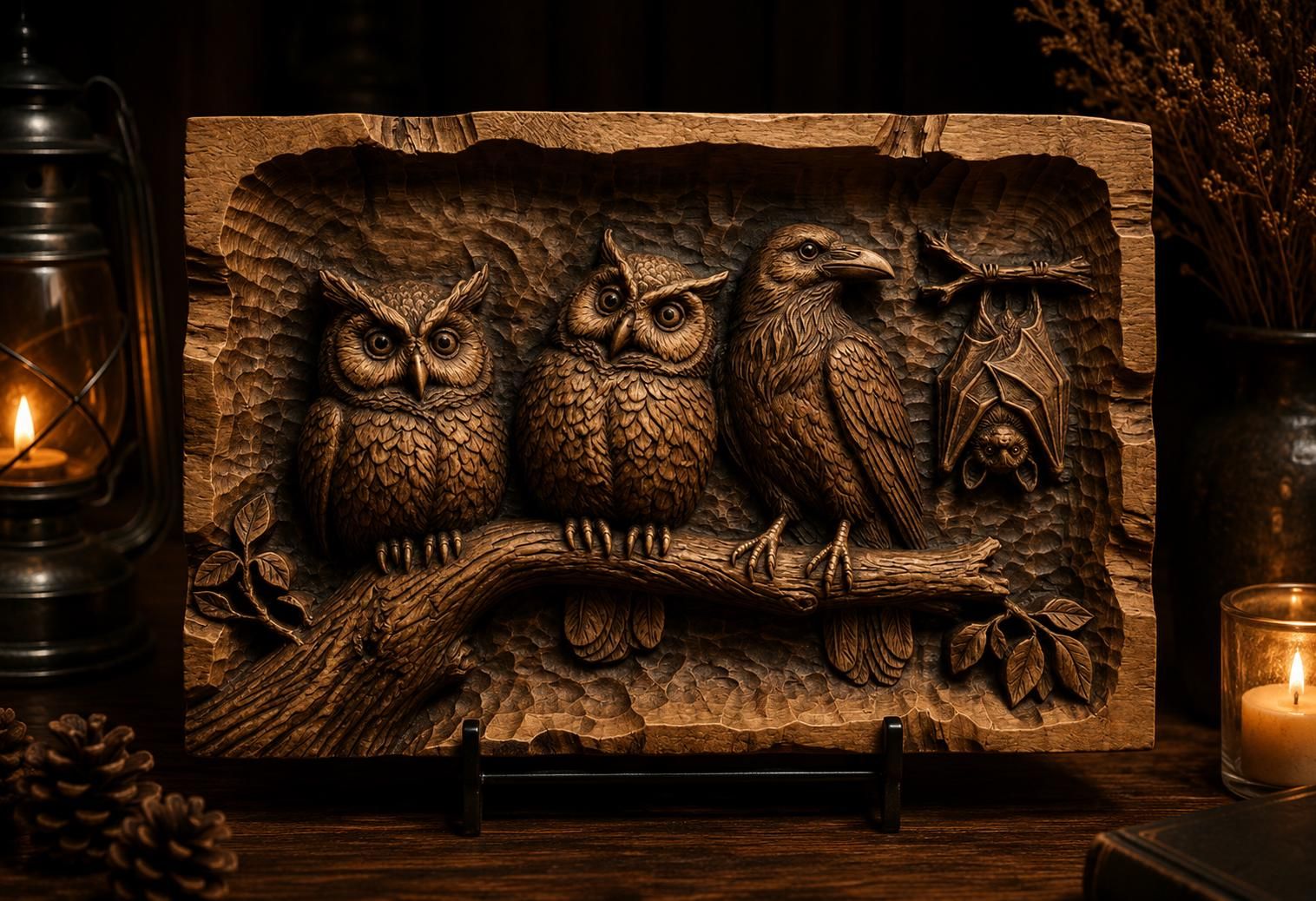 Two Perched Owls on a Forest Branch Relief STL bas-relief STL — view 4