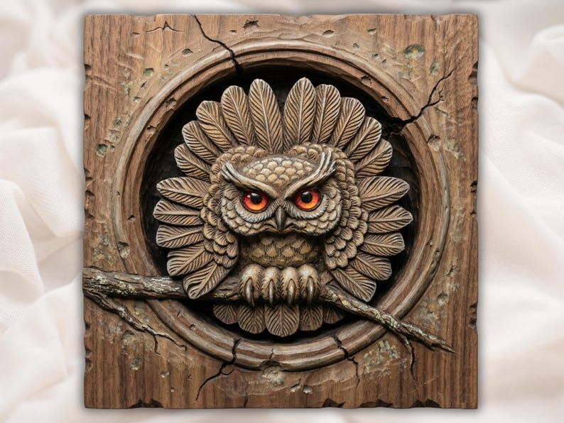 Bas-relief carving of an owl with red eyes perched in a round cracked tree hollow with a branch.