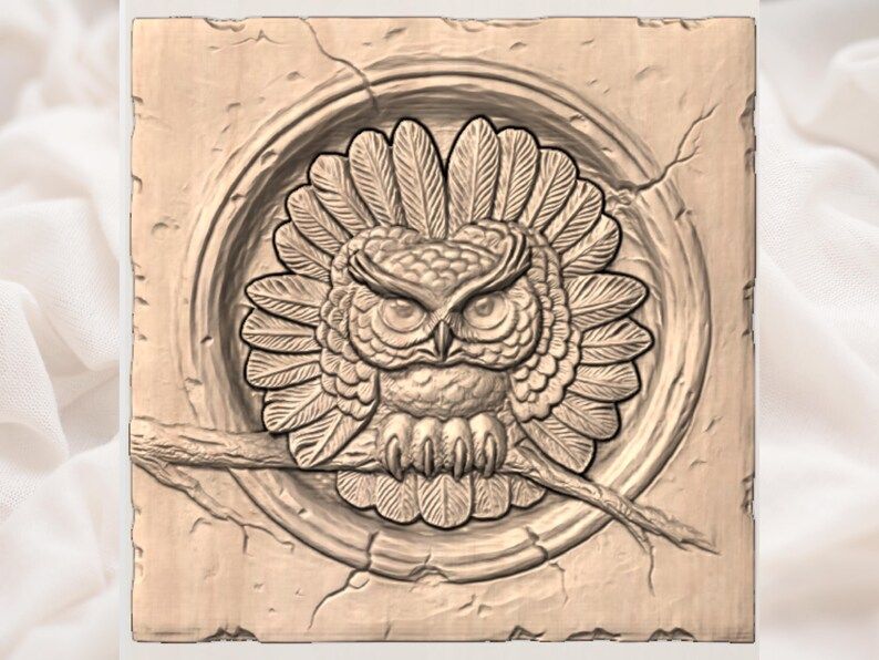 Fierce Owl in a Tree Hollow Bas-Relief Carving STL bas-relief STL — view 3