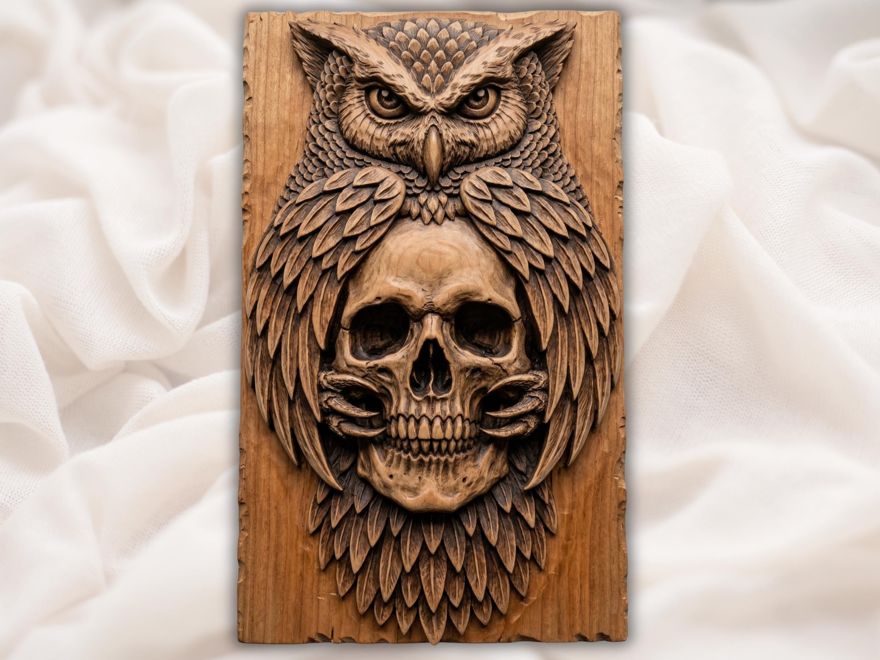 Carved wood bas-relief of an owl with feathers flowing down into a human skull with bared teeth