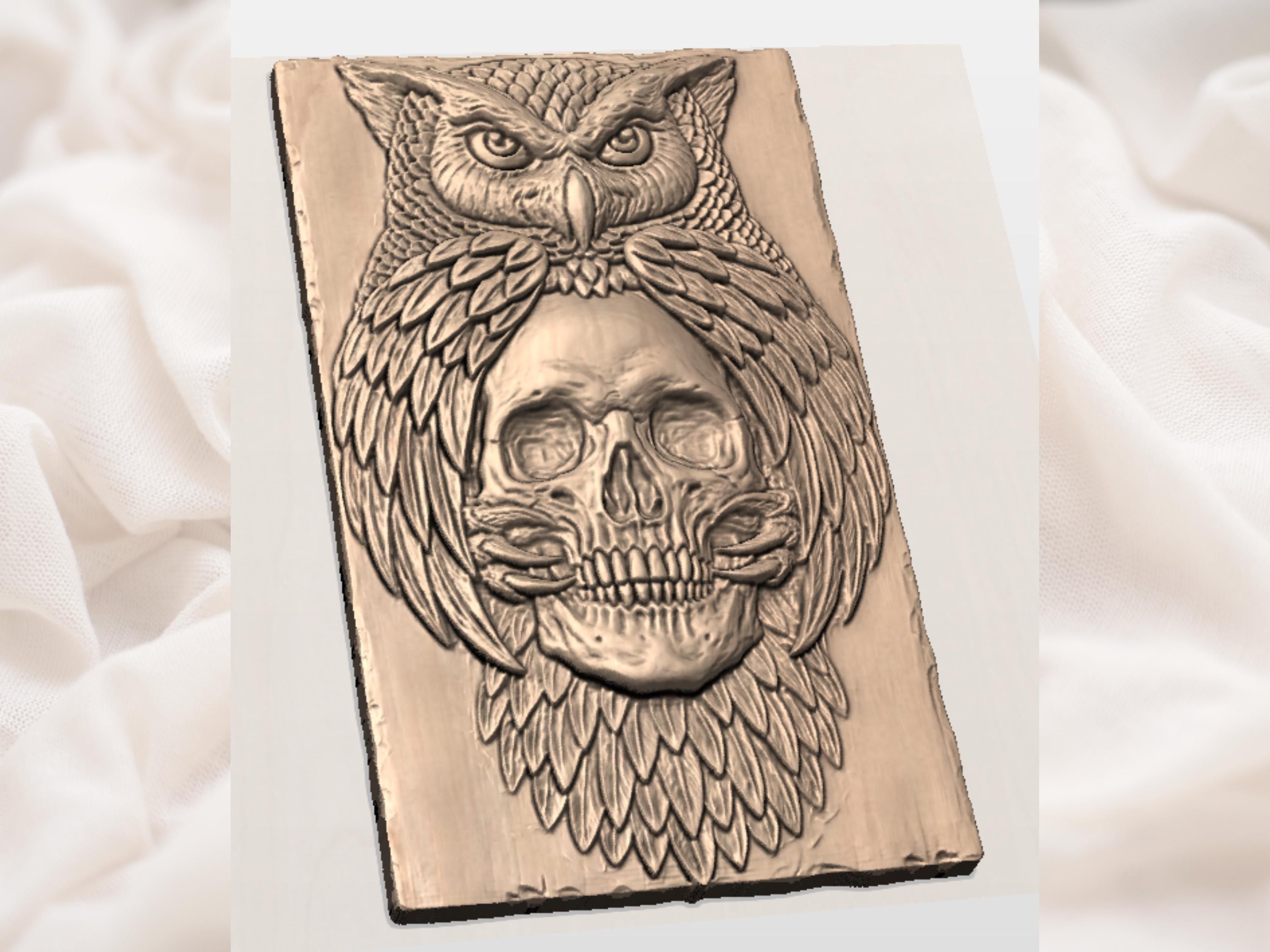 Owl and Skull Bas-Relief STL, Gothic Wildlife Wood Carving bas-relief STL — view 2