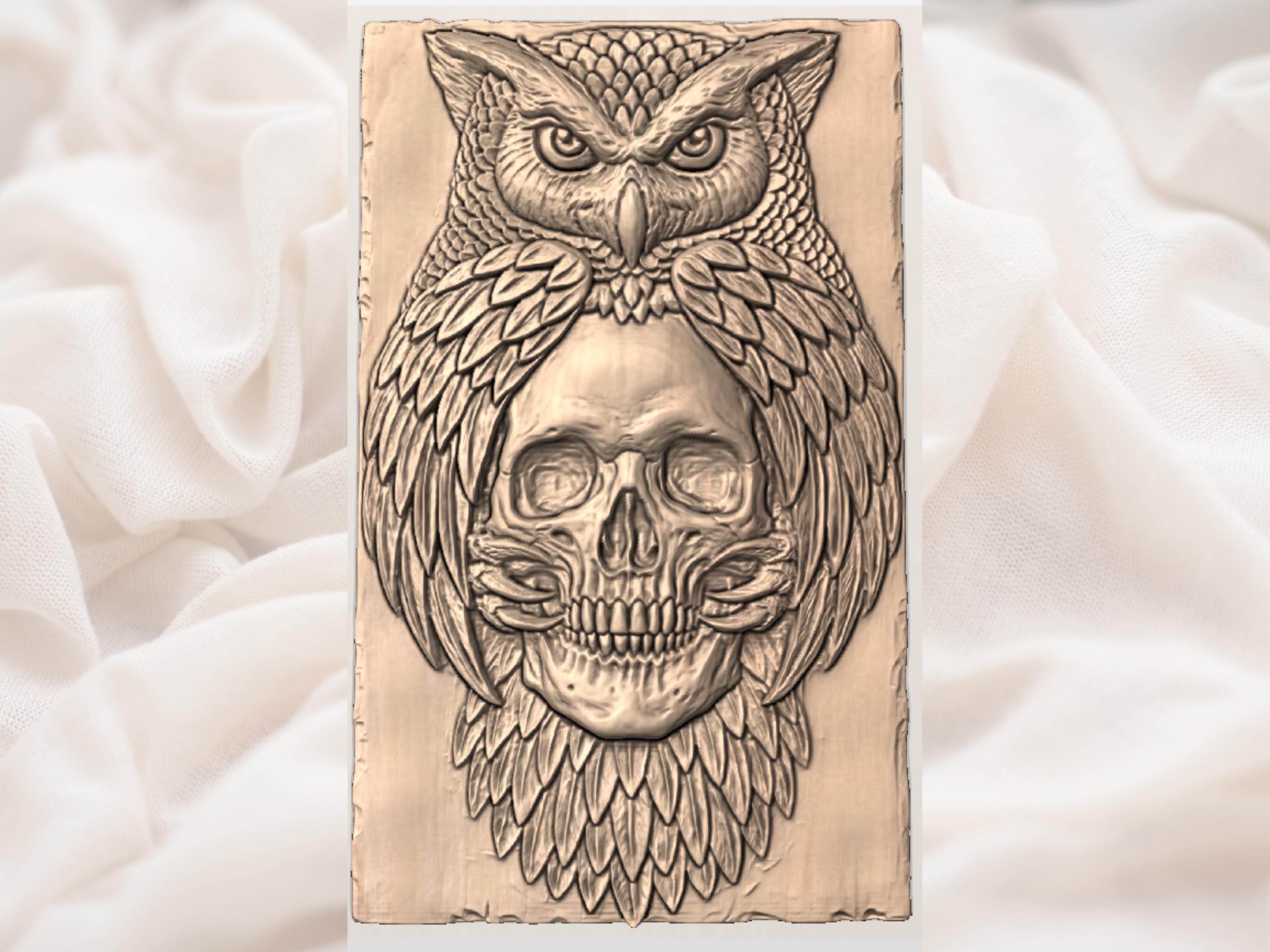 Owl and Skull Bas-Relief STL, Gothic Wildlife Wood Carving bas-relief STL — view 3