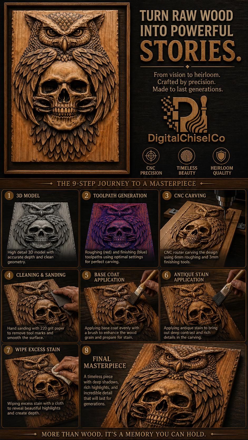 Owl and Skull Bas-Relief STL, Gothic Wildlife Wood Carving bas-relief STL — view 4