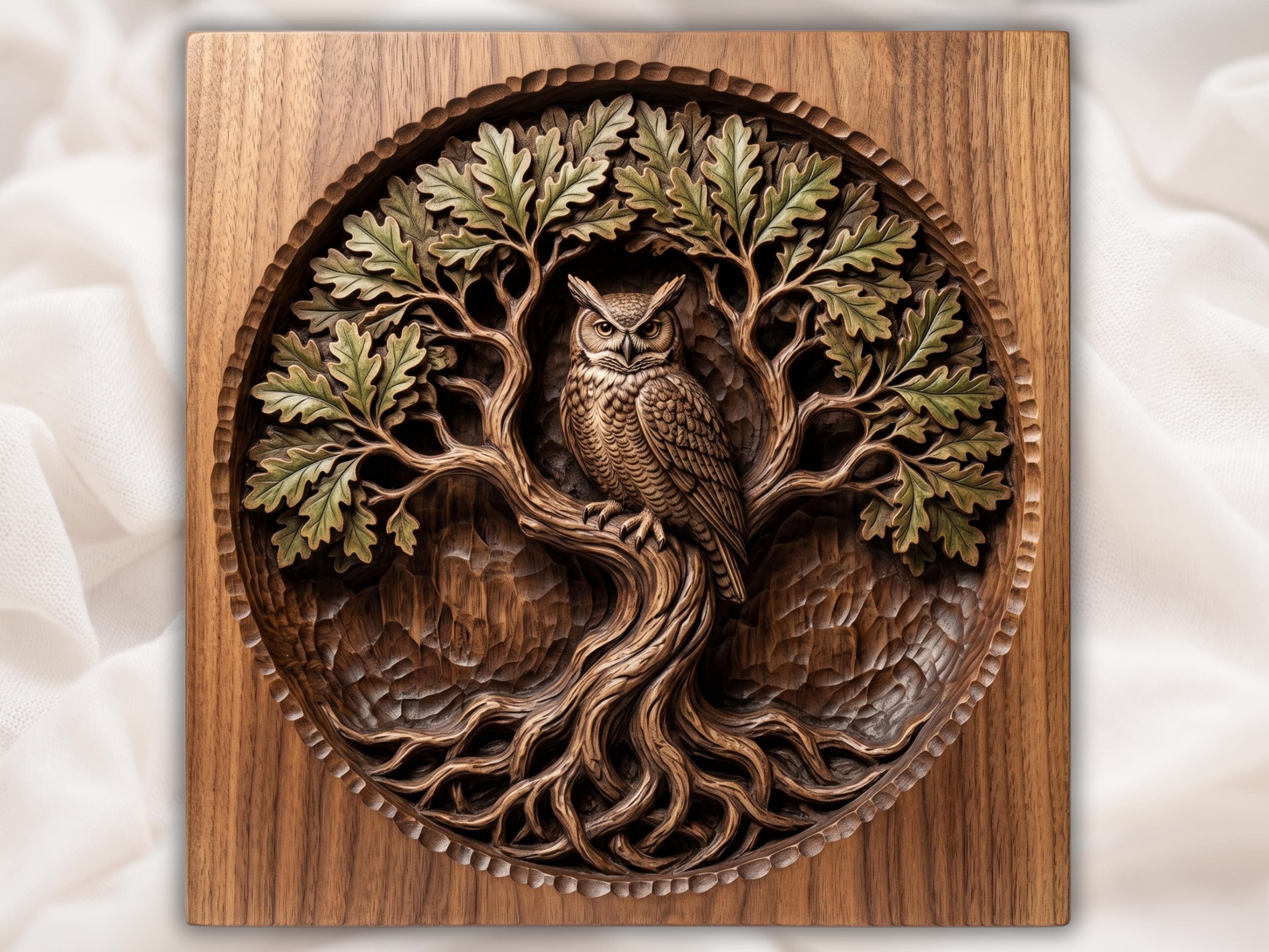 Carved bas-relief of a horned owl perched on an oak Tree of Life trunk with leaves above and roots below.