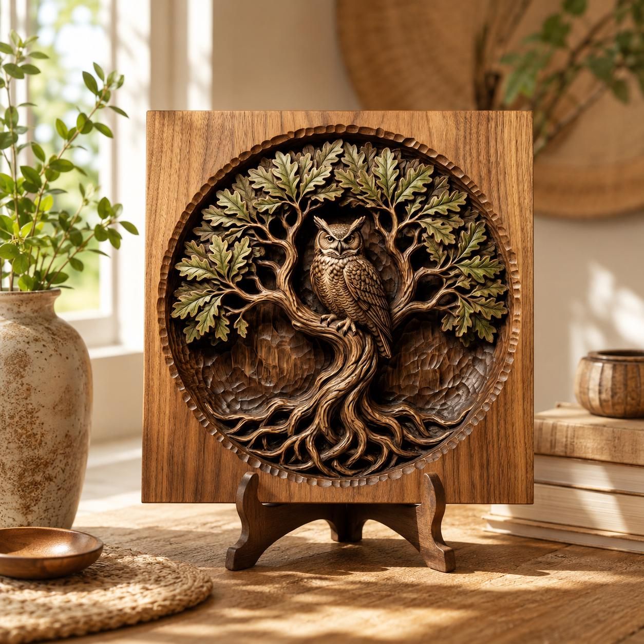 Horned Owl in the Oak Tree of Life Bas-Relief STL bas-relief STL — view 2