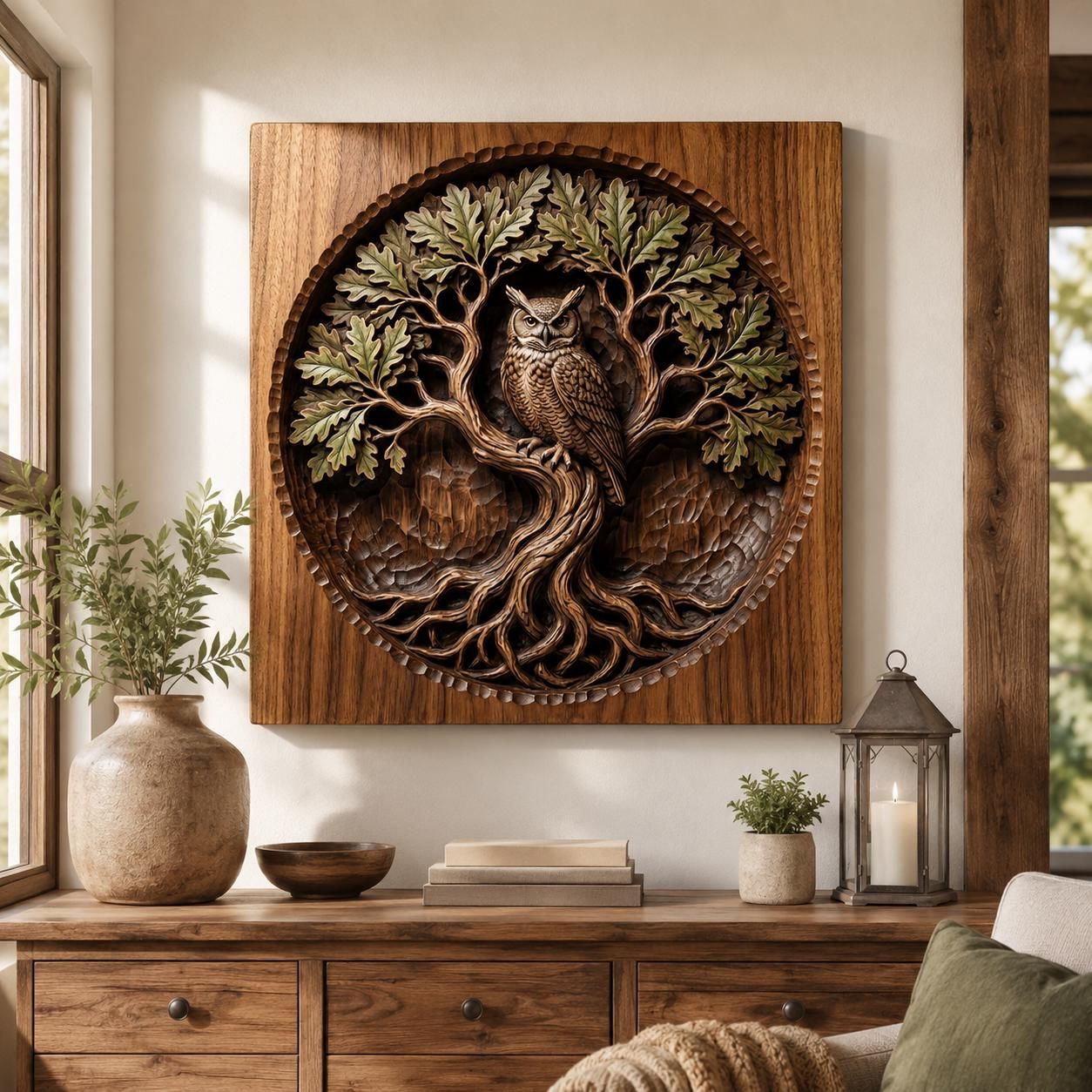Horned Owl in the Oak Tree of Life Bas-Relief STL bas-relief STL — view 3