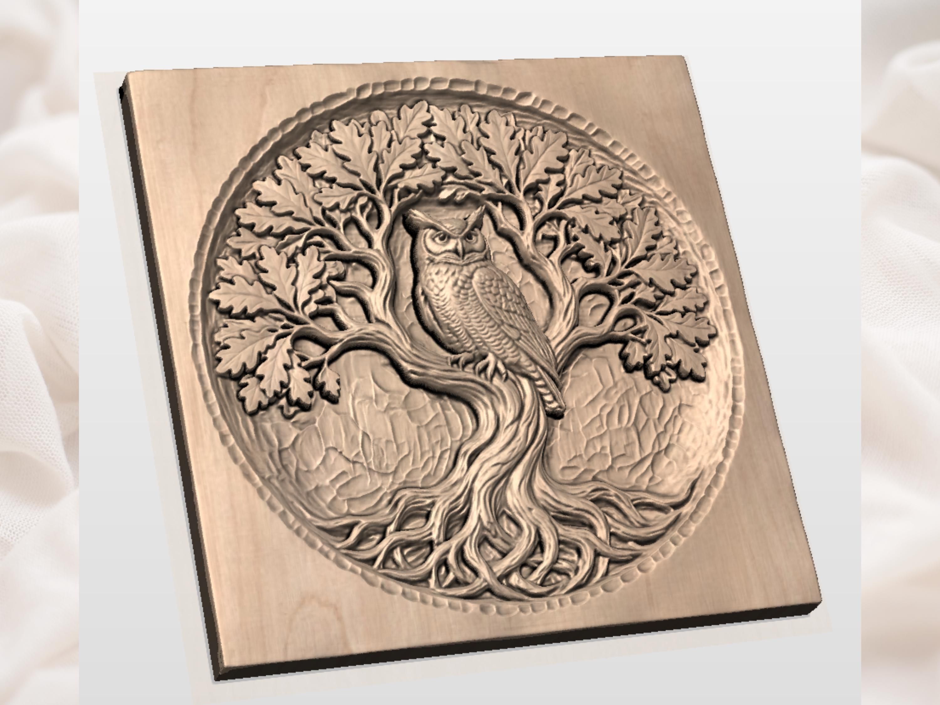 Horned Owl in the Oak Tree of Life Bas-Relief STL bas-relief STL — view 4