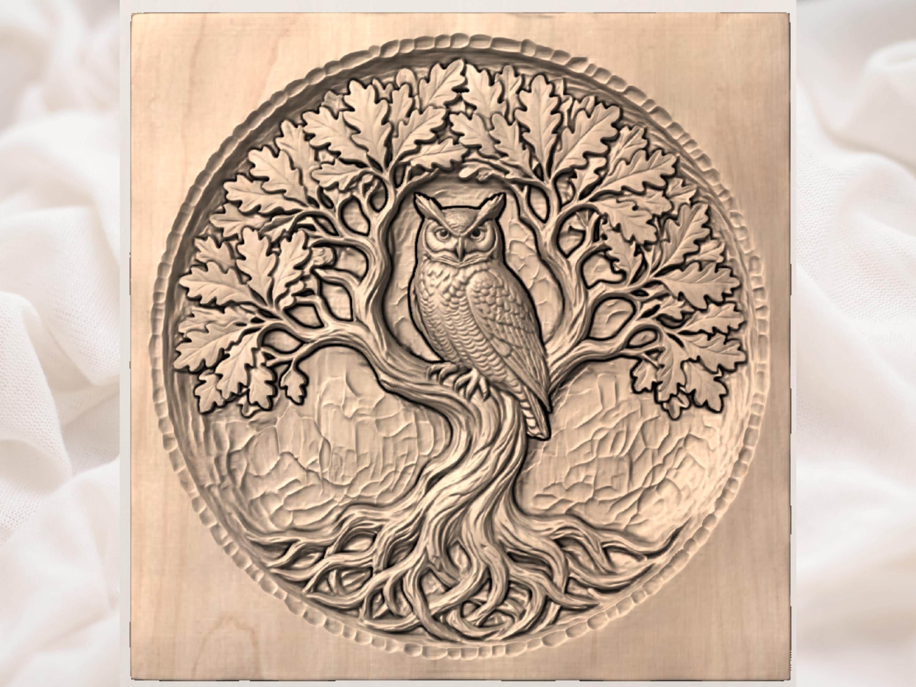 Horned Owl in the Oak Tree of Life Bas-Relief STL bas-relief STL — view 5