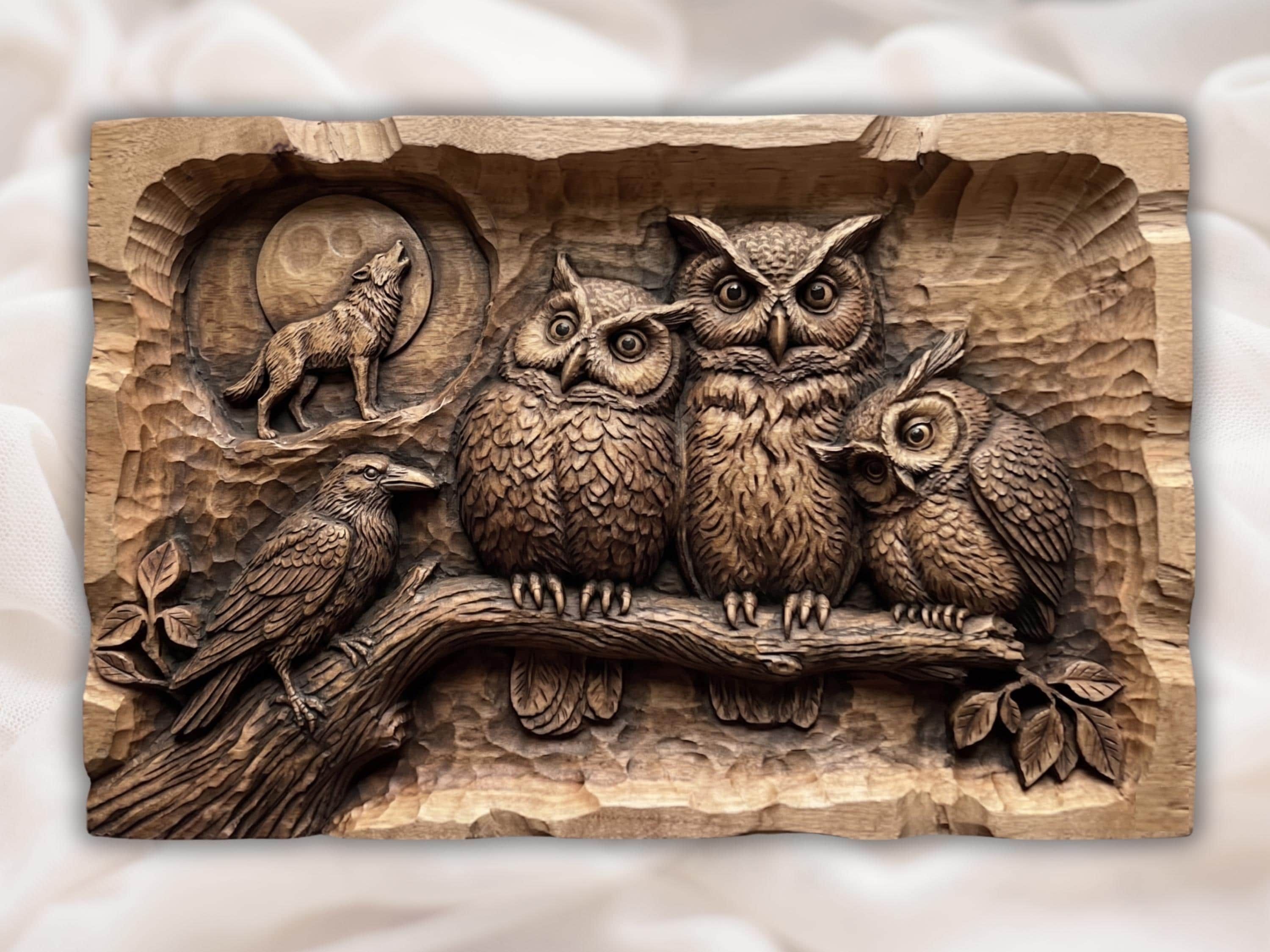 Carved wood bas-relief of two owls perched close together on a tree branch with detailed feathers