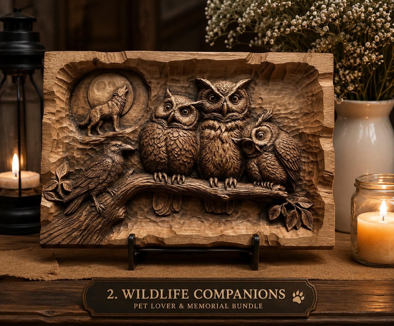 Pair of Perched Owls on a Wooden Branch Relief STL bas-relief STL — view 2