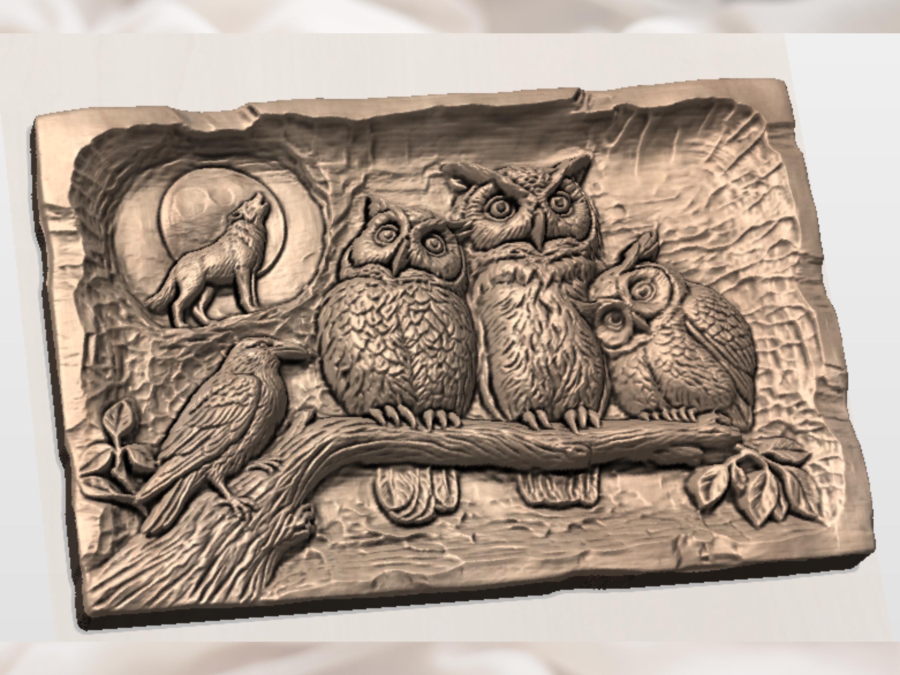 Pair of Perched Owls on a Wooden Branch Relief STL bas-relief STL — view 3