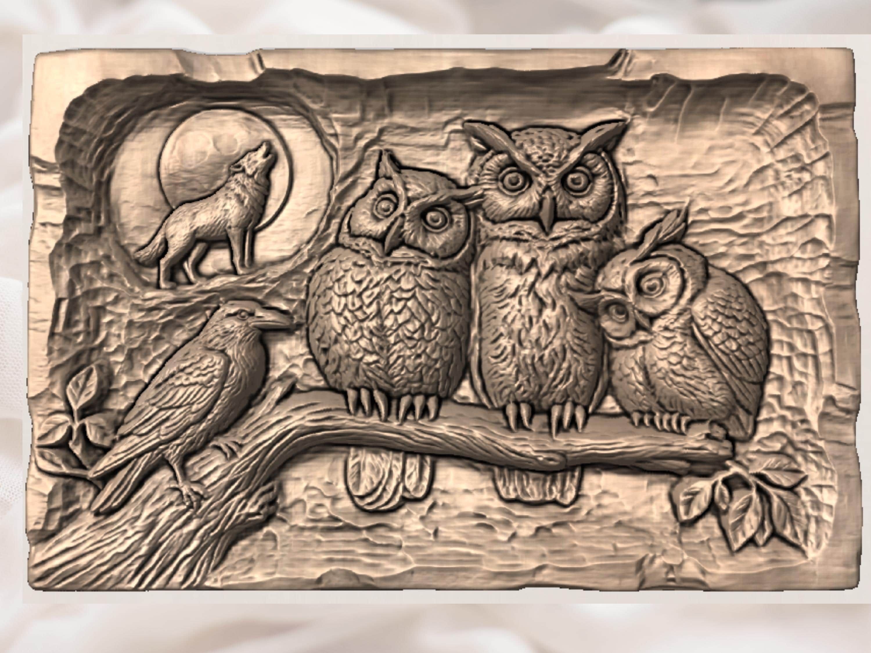 Pair of Perched Owls on a Wooden Branch Relief STL bas-relief STL — view 4