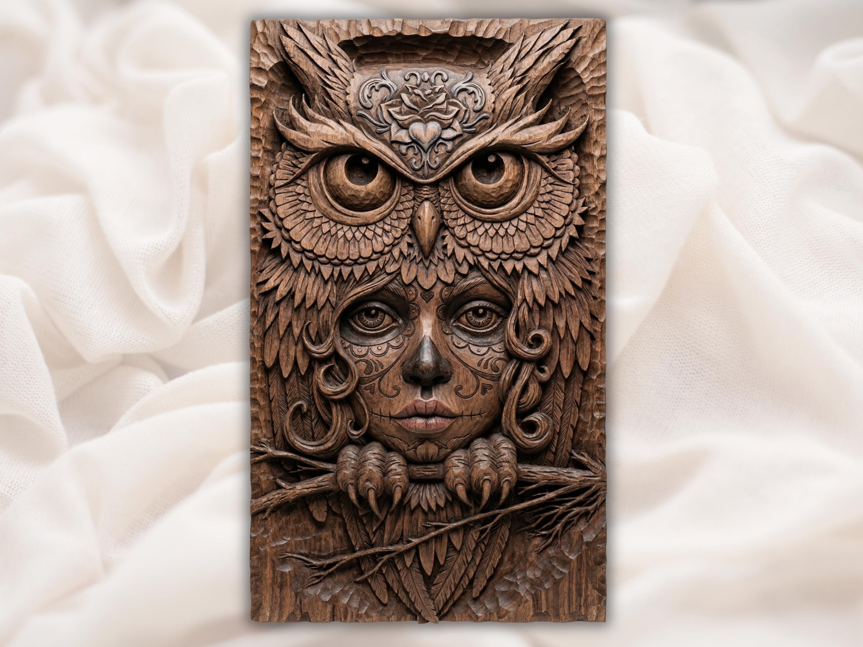 Carved wood bas-relief of an owl merged with a woman's face, sugar skull patterns, layered feathers and talons on a branch.